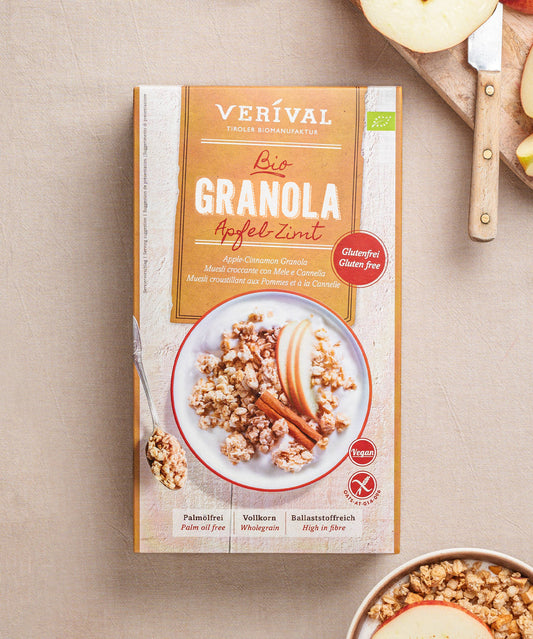 Das „All I Want For Breakfast“-Set von Verival Bio beinhaltet unter anderem ein Paket glutenfreies, ballaststoffreiches und palmölfreies Apfel-Zimt Granola. Für ein genussvolles Frühstückserlebnis.