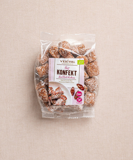 Das Set „Good Mood“ von Verival Bio enthält unter anderem ein Paket 100 % Bio-Dattelkonfekt .