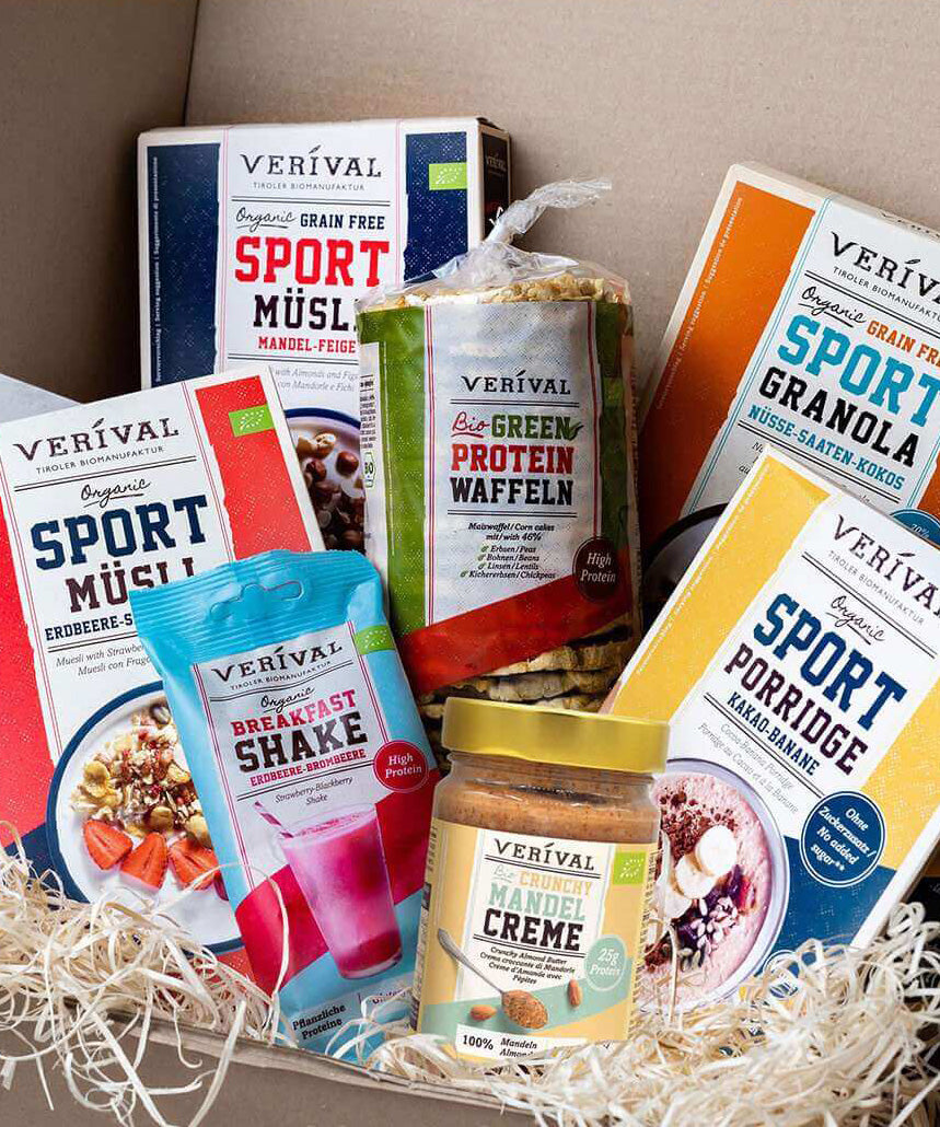 Das Set „Protein Frühstück“ von Verival Bio bietet Sport Müsli, Sport Granola und einen Protein Frühstücksshake. Genieße die Green Protein Waffeln und Mandelcreme – eine köstliche pflanzliche Proteinquelle für deinen aktiven Lebensstil.