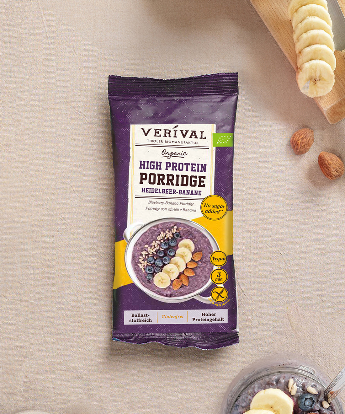 Die Protein-Probierbox Top 10 von Verival Bio enthält 10 verschiedene Einzelportionspackungen von proteinreichen Verival Frühstücksprodukten.